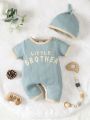 SHEIN 2pcs Newborn Baby Boy Summer Casual Cute Color Block Round Neck English Letter Print Short Sleeve Romper With Shorts And Hat