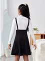 SHEIN Kids Cooltwn Girls' Casual Knitted Solid Color Suspender Dress For Daily Wear