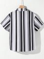 SHEIN Kids EVRYDAY Tween Boy'S Casual Loose Woven Shirt With Lapel And Front Opening Striped And Printed Pattern