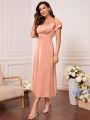 Ruched Bust Puff Sleeve Satin Bridesmaid Dress