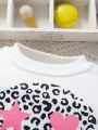 Toddler Girls' Leopard Print Heart & Cartoon Face Printed Sweatshirt Long Sleeve Top