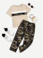 SHEIN Kids EVRYDAY Leisure Sports Camouflage Patchwork T-Shirt And Pants Set For Baby Boy