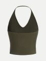 SHEIN Teenage Girls' Knitted Solid Color Ribbed Halter Top 3pcs Set