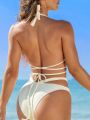 SHEIN Swim Chicsea Women'S Solid Color Halter Cross Tie Bikini Swimsuit Set