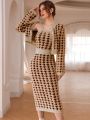 SHEIN Modely Houndstooth Pattern Cami Sweater Dress & Cardigan