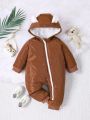SHEIN Baby Boys' Cute Design Soft Fleece Hooded Long Sleeve Jumpsuit With Lining And Stitching