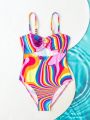 Girls' (big) Striped Cutout One-piece Swimsuit With Spaghetti Straps