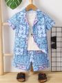 SHEIN 2pcs/Set Boys' Casual Cute Sporty Street Fashion Paisley Printed Shirt And Shorts For Spring And Summer