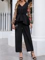 EMERY ROSE Floral Embroidered Mesh Lantern Sleeve Ruffle Sleeve Hem Top And Trousers Two-piece Set