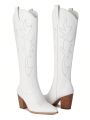 Cowgirl Boots for Women Embroidered Cowboy Boots Pointed Toe Knee High Boots Chunky Block Heel Pull On Tall Wide Calf Western Boot for Ladies