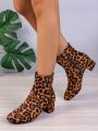 Women's Pointed-toe Side Zipper Leopard Print Ankle Boots, Thick High-heels, Autumn And Winter Fashionable And Versatile, Showing Thin, Female Boots