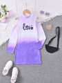 Teen Girls' Casual Sporty Streetwear Ombre Tie-dye English Letter Print High Neck Cold Shoulder Long Sleeve Dress With Waist Bag