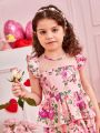 SHEIN Kids CHARMNG Young Girl Floral Print Mesh Insert Ruffle Trim Layer Hem Dress
