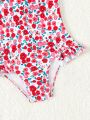 Baby Girl Floral Print One-Piece Swimsuit With Headband For Summer Beachwear