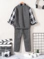 Young Boy Plaid Print Letter Patched Detail 2 In 1 Sweatshirt & Pants