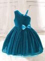 Toddler Girls' Asymmetrical Collar Princess Style Tulle Dress With Ribbon Decor, Perfect For Parties