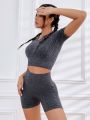 2pcs Marled Knit Seamless High Stretch Yoga Set Gym Wear Notched Neck Sports Tee & Biker Shorts