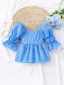 SHEIN Kids FANZEY Young Girls' Bell Sleeve Eyelet Embroidered Blouse