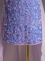 Tween Girls' Formal Dress With Puff Sleeves, Personality Sparkle Skirt For Performance, Wedding, Evening Party, Birthday