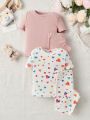 SHEIN Baby Girls' Casual Solid Color Heart Pattern Short Sleeve And Long Pants Homewear Four Piece Set