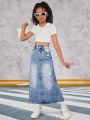 SHEIN Girls' (Big) Washed & Ripped Casual Fashion Denim Skirt