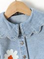 Baby Girl Floral Print  Scallop Trim Statement Collar Denim Jacket