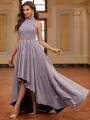 SHEIN Belle Ladies' Formal Evening Dress, With High Low Asymmetric Hemline And Stand Collar (Heavy Duty)