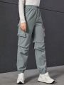Teen Girls' Elastic Waist & Cuffed Hem Multiple Pockets Pants For Spring And Autumn