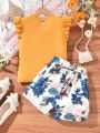 SHEIN Kids SUNSHNE Girls' Flying Sleeve Ribbed Top And Botanical Printed Shorts 2pcs/Set