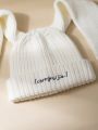 1pc Women's White Long Rabbit Ear Folded Hem Knit Hat, Fun Knitting Beanie With Increased Thickness For Warmth, Suitable For Autumn And Winter Parties