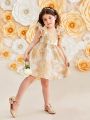 SHEIN Kids Nujoom Young Girls' Vintage Square Neck Ruffle Sleeve Short Dress With Empire Waist And Cover Buttons