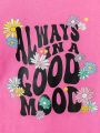 Baby Girls' Cool Printed Top With Text And Small Flowers Pattern, 2pcs/set