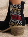 Styleloop Women's Fashionable Western Style Embroidered Black Chunky Heel Boots