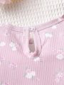SHEIN Baby Girls' Cute Floral Pattern Ruffle Trim Long Sleeve Romper And Long Pants 2pcs Homewear Set