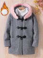 SHEIN Kids Nujoom Girls' (big) Casual Horn Button Collar Hooded Jacket With Academy Style