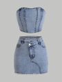 Teen Girl's New Fashion Casual Denim Strapless Top And Washed Denim Slanted Placket Skirt Set