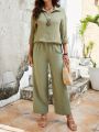 EMERY ROSE Solid Colored Long-Sleeve Shirt And Pants Set