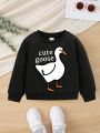 Baby Girls' Casual Cartoon Duck Pattern Long Sleeve Round Neck Fleece Sweatshirt, Suitable For Autumn And Winter