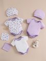 SHEIN 8pcs/Set Baby Girl Spring/Summer Purple & White Animal Print Rompers, Elegant & Cute Outfits With Gift Box