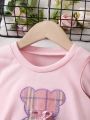 Young Girl Plaid & Letter Graphic Bow Front 2 In 1 Sweatshirt Dress