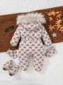 SHEIN Baby Girl Allover Print Fuzzy Trim Hooded Jumpsuit & Gloves