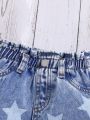 SHEIN Baby Girls' Fashionable Star Pattern Waterwashed Denim Shorts For Casual Wear