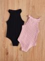SHEIN Young Girl Knitted Solid Color Halter Neck Bodysuit Set