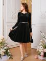 SHEIN Female Teenagers' Back Bow Hollow Round Neck Velvet Casual Dress