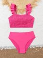 Teen Girls' Swimsuit Set Featuring Flounce Design, Shoulder Straps And Lace Trim