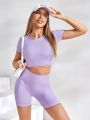 SHEIN Yoga Basic Short Sleeved Drop Shoulder Cropped T-Shirt And Cycling Shorts Sports Outfit