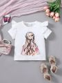 SHEIN Kids EVRYDAY Young Girls' Patterned Round Neck Short Sleeve T-Shirt