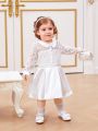 SHEIN Baby Girls' Elegant Lace Spliced Satin Long Sleeve Peter Pan Collar Dress Party Outfit