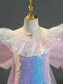 Girls' Rainbow Glitter Mesh Dress With Large Bowknot, Suitable For Performance, Wedding, Party And Birthday