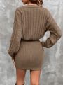 Cable Ribbed Single-breasted Fashionable Sweater Dress
